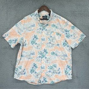 Chaps Hawaiian Button Shirt Untucked Tree Cotton Modal Light Blue Men Sz XL